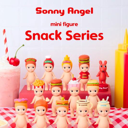 Sonny Angel mini figures in snack-themed outfits on a checkered tablecloth with food items.